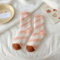 Pink and white striped fuzzy coral fleece socks with brown toe for winter warmth - Pink Orange Stripes
