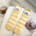 Cute light yellow coral fleece leg warmer socks with big eye decor for winter home - One Size / Yellow