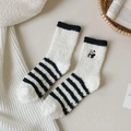 Detailed close-up of striped coral fleece socks featuring cute panda embroidery - One Size / Five Stripes Style (Panda Embroidery)