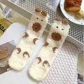 Thick coral fleece mid-tube socks in cream white with brown dots and 3D ears - One Size / Milky Yellow