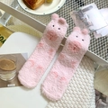 Thick coral fleece socks for women in light pink with cute piglet face and polka dots - One Size / Pink