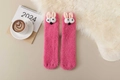 Detailed view of pink coral fleece socks with 3D cartoon bunny ears and soft plush texture - One Size / Red