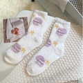 Plush coral fleece socks in cream white with purple planet and yellow star patterns - One Size / Space Planet