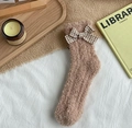 Calcetines gruesos de forro polar coral beige para mujer con lazo a cuadros marrones - Talla única / Caqui