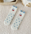Cute white coral fleece monster socks with blue polka dots and animal embroidery - One Size / White