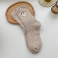 Plush coral fleece mid-calf socks in light coffee with cute bear embroidery details - One Size / Khaki Sheep