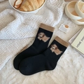 Chaussettes épaisses en laine noires avec ours en peluche 3D et bord côtelé brun - Taille 34-41 / Noir