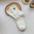 Cute white coral fleece socks featuring brown bear embroidery for cozy winter home wear - One Size / White Sheep