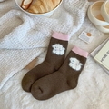 Thick coffee wool socks with pink ribbed cuffs and a plush white dog pattern - Size 34-41 / Coffee