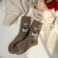 Winter brown knitted socks featuring a retro bear pattern with snowflake sweater details - One Size / Coffee