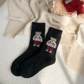 Winter warm black crew socks with vintage bear jacquard and cozy knit texture - One Size / Black