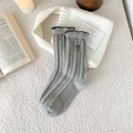 Grey wool blend cable knit crew socks with delicate bow embroidery and ruffled cuffs - One Size / Light Gray