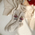 Off-white wool blend mid-calf socks with cute 3D teddy bear and colorful dot yarn - One Size / Off-white