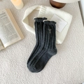 Dark grey cable knit wool socks with side bow detail and wavy cuffs for winter comfort - One Size / Dark Gray
