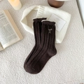 Dark coffee wool knit socks with bow embroidery and ruffled cuffs on plush background - One Size / Coffee