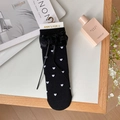 Japanese Lolita style black crew socks featuring white hearts, lace trim and silk ribbons - One Size / Black