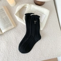 Women's black wool knit crew socks with white lace trim and bow embroidery detail - One Size / Black