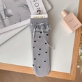 Grey Lolita socks with black heart patterns, lace trim and white silk ribbon bow - One Size / Gray