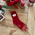 Red rabbit wool mid-calf socks with white apple pattern and lucky Chinese character embroidery - Red with White Apple