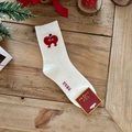 White rabbit velvet crew sock with cute heart embroidery on festive wood background - White with Red Apple