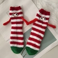 Funny Christmas holding hands coral fleece socks with red and white stripes - Red White Stripes - Red Small Hands