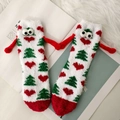 White Christmas coral fleece socks with 3D eyes and magnetic holding hands design - Heart Tree - Red Small Hands