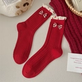 Calze rosse da donna in cotone con fiocco a quadri, bordo a balze e maglia classica - Torsione a Pois