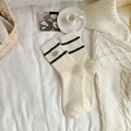 Chaussettes mi-mollet épaisses et chaudes blanc crème avec rayures et chien brodé - Taille unique / Beige Ondulé Noir Chiot