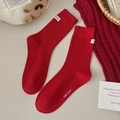 Red crew socks with bow design, stylish combed cotton hosiery for New Year - Vertical Stripe