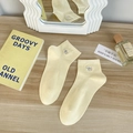Cute beige cotton ankle socks with blue bear embroidery and breathable knit texture - One Size / Light Yellow