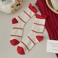 Red and off-white contrasting knit mid-calf socks with wave edges and bow detail - White Base Stripes