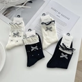 Women's cotton crew socks with ruffle edge and bow knot decoration, 4-pair pack set - One Size / Mixed Colors