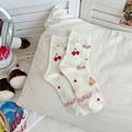 Creamy white crew socks with cherry print and blue dots for a sweet athletic look - One Size / Cherry Letter Polka Dot Style (Cherry)