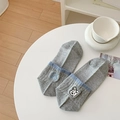 Light gray cotton socks with cute puppy embroidery and light blue ribbed cuffs - One Size / Gray