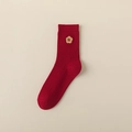 Calze rosse in cotone con ricamo di fiori di prugno dorati e trama a costine - Taglia unica / Modello Floreale