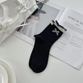 Korean style black crew socks with white lettuce edge and checkered bow detail - One Size / Black Bow