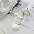 Chic cream cotton mid-calf socks with black polka dots and a checkered bow detail - One Size / White Polka Dot Bow