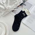 Black polka dot cotton crew socks with white ruffled trim and a checkered bow detail - One Size / Black Polka Dot Bow
