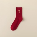 Calze rosse in cotone con ricamo a fiocco dorato e trama a maglia a costine - Taglia unica / Stile Ricamo a Fiocco