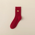 Red cotton crew socks with cute yellow cartoon embroidery for New Year festivities - One Size / Cute Snake Pattern