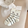 Cream mesh socks with black stripes, ruffled edges and cartoon dachshund embroidery - One Size / Striped Dog