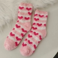 Pink and white striped coral fleece socks with heart patterns for winter warmth - One Size / Striped Heart