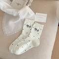 Beige cotton crew socks with polka dots and cute dog embroidery with ruffle cuffs - One Size / Dotted Dog