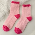 Pink coral fleece floor socks with rose red toe and heel accents for winter comfort - One Size / Color Block Light Pink