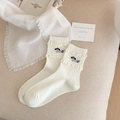 Creamy white crew socks with 3D wavy knit cuffs and embroidered cartoon dachshund dog - One Size / Blue Clothing Dog