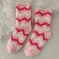 Pink and white wavy striped coral fleece thermal socks for women for cozy home wear - One Size / All-over Wave