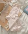 Pastel pink floral mesh socks with ruffle trim and red dot patterns on soft linen - One Size / Light Pink