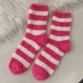 Pink and white striped coral fleece socks for women, warm winter plush home sleeping socks - One Size / Rose Red White Wide Stripes