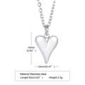 Dettagli del ciondolo a cuore in acciaio lucido con dimensioni e catena in argento inox - 50cm / Color Acciaio