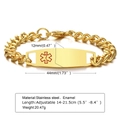 Detalle de pulsera médica de acero inoxidable dorado con logo médico de esmalte rojo - 21.5cm / Dorado